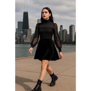 Black Velvet Mesh High Neck Dress | City Girl Goth Evening Vibes